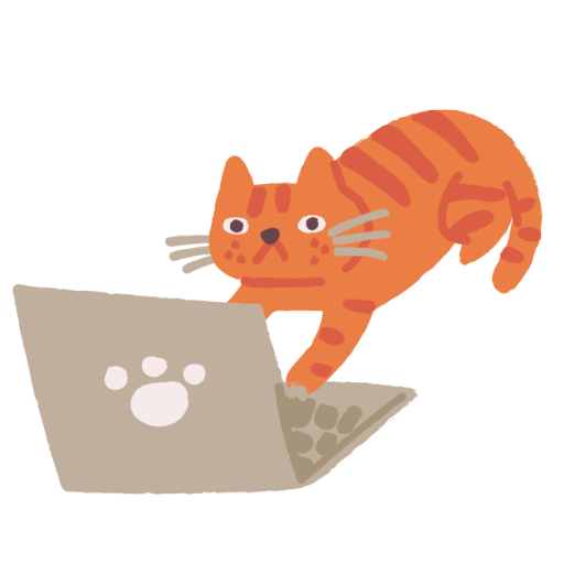 Котик работает за ноутбуком